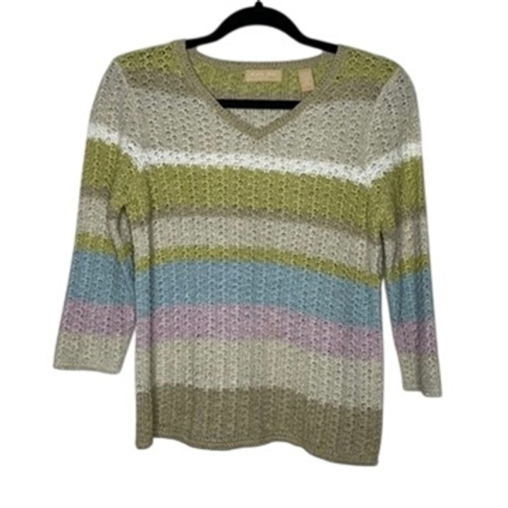 Kate Hill Knit Sweater Womens PM Multi Color Striped Crochet V-Neck
